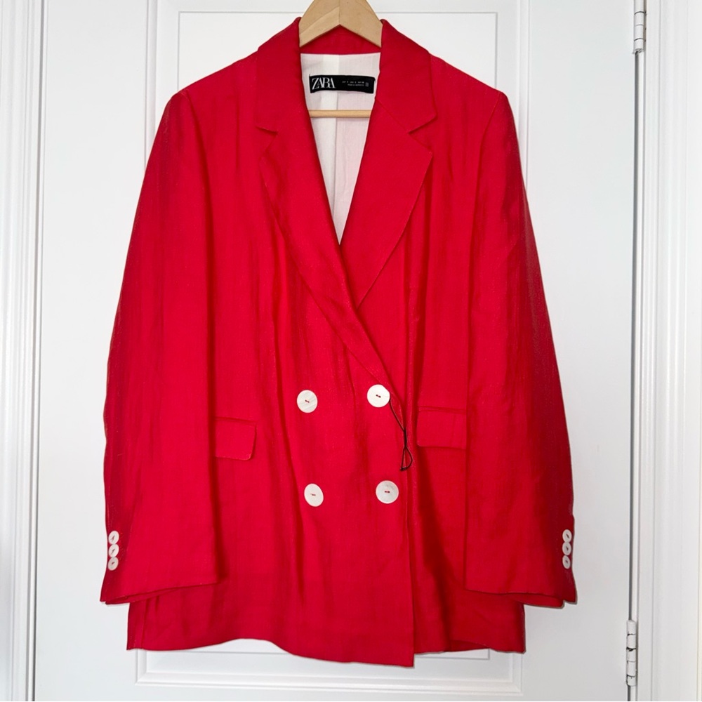 NWOT Zara Double-breasted Coral Red Oversized Blazer Lyocell Linen, Small